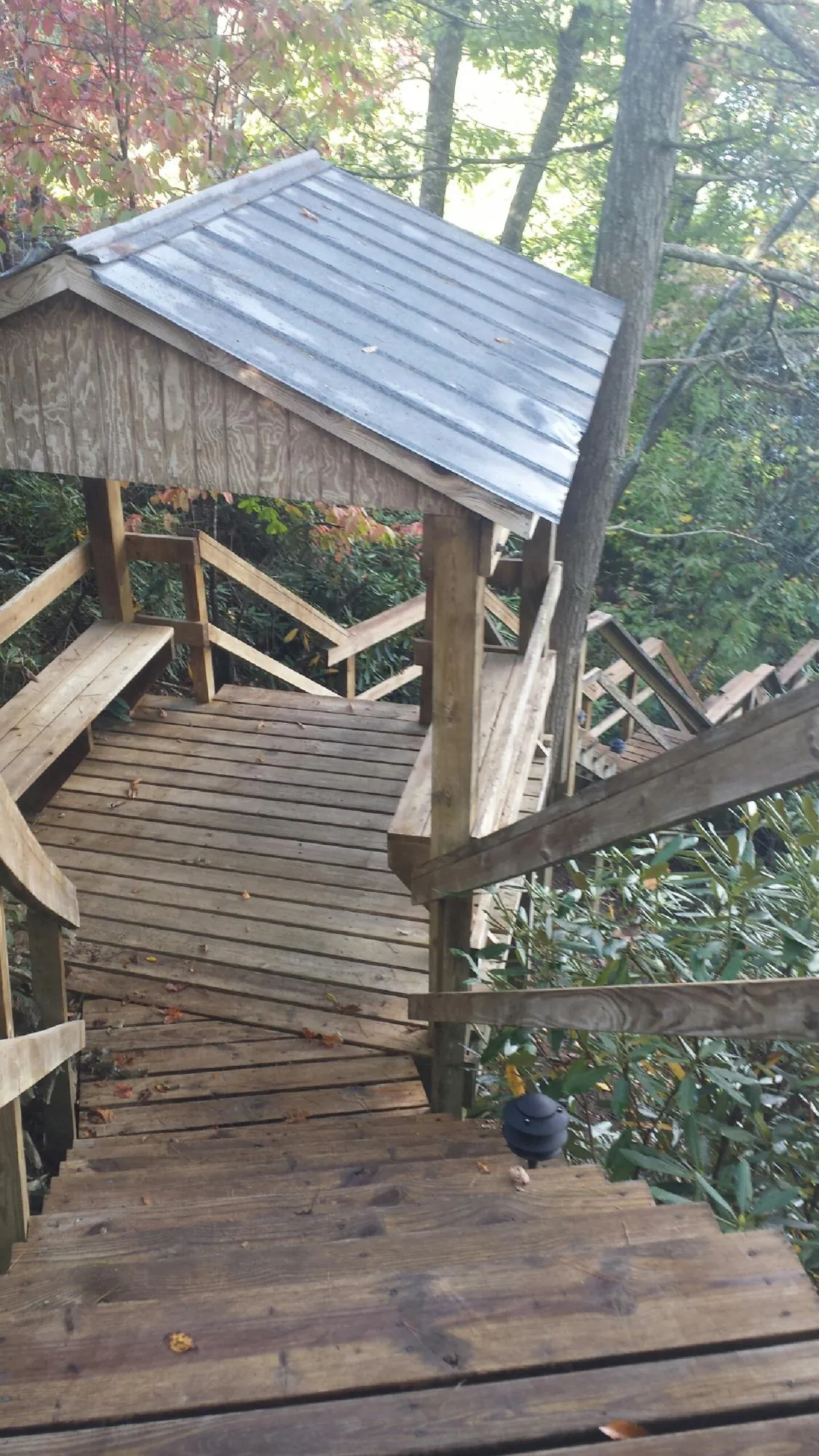 Metal roofed shelter over wooden steps on a wooded walkway — Skylight Repair & Installation work by our crew in Larue